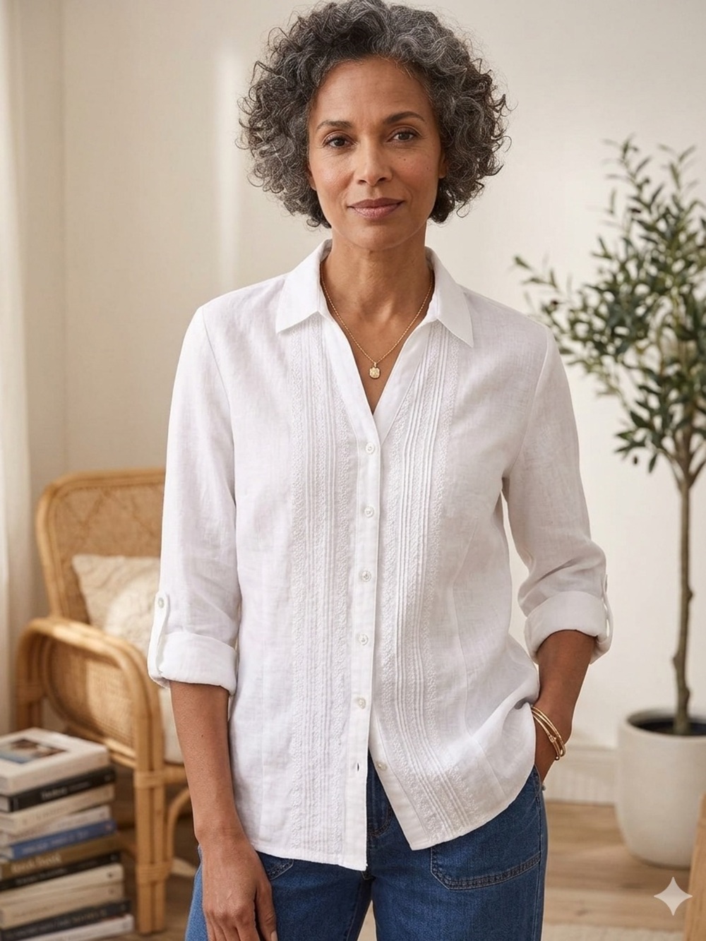 e-colo-gie White Linen Embroidered Button Front Blouse Size Large